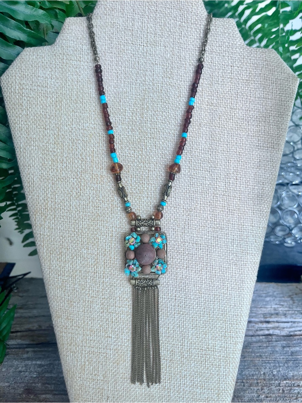 Handmade Boho Turquoise & Brown Beaded Long Pendant Necklace with Tassel
